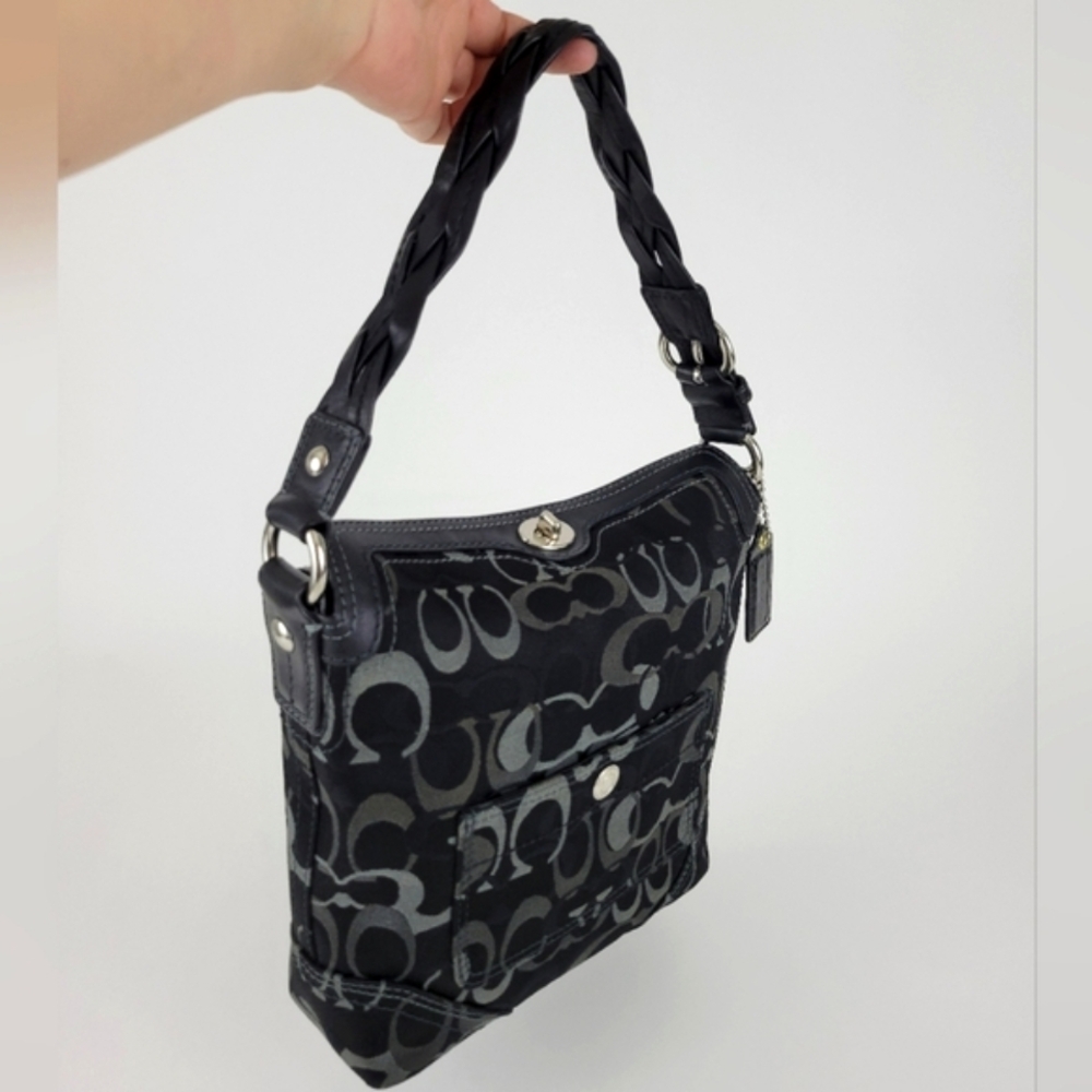 Coach Black Signature Canvas Shoulder Bag with Gray/Charcoal Accents